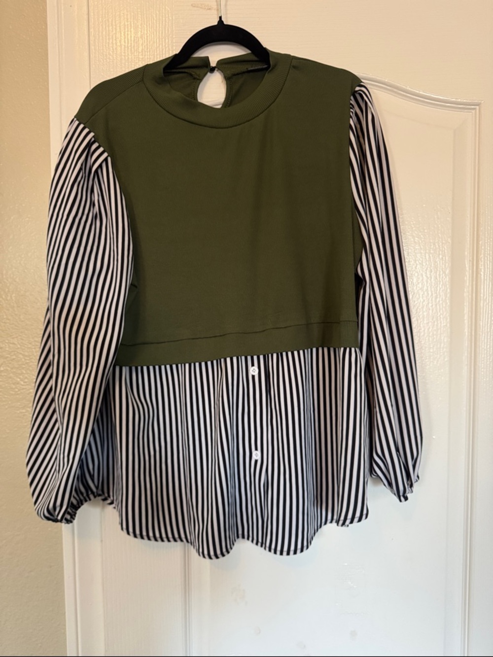 SHEIN Olive Green Layered Top with Black and White Stripes - Kids
